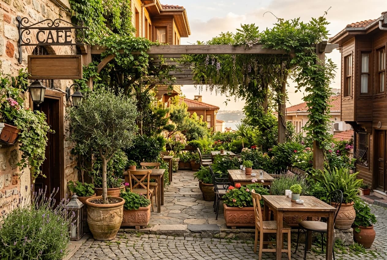 Kafe dış oturma alanı yeşillendirmesi